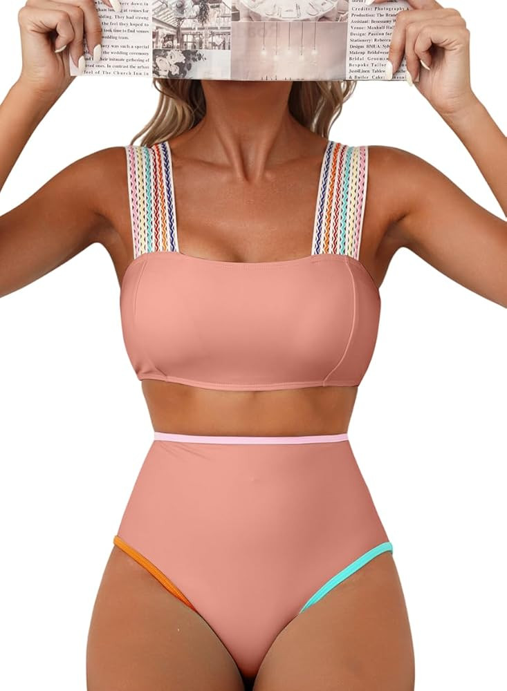 Herseas Women's Bikini Sets Colorblock Wide Strap 2 Piece Swimsuits High Waisted Square Neck Bath... | Amazon (US)