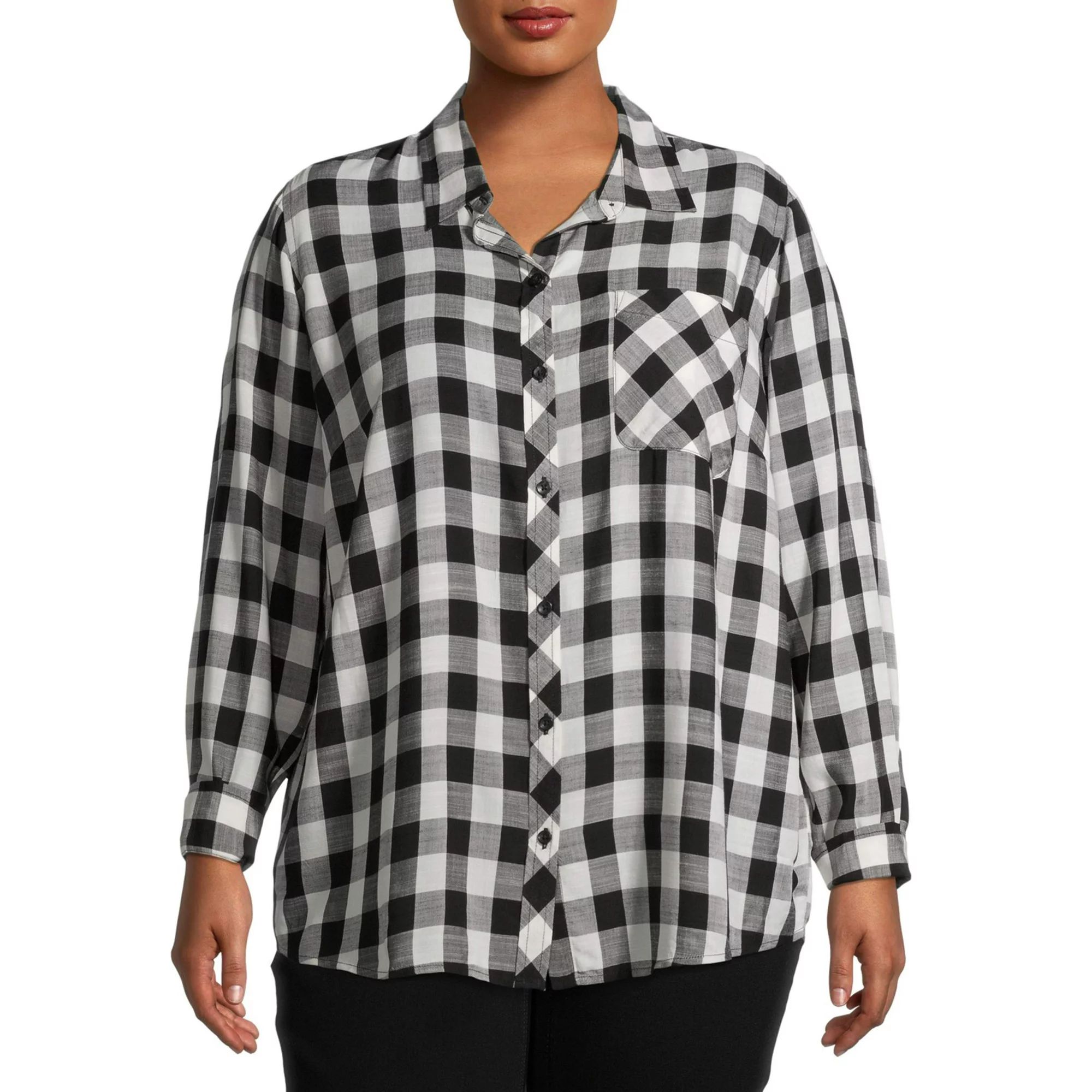 Terra & Sky Women's Plus Size Plaid Pocket Button Down Shirt | Walmart (US)