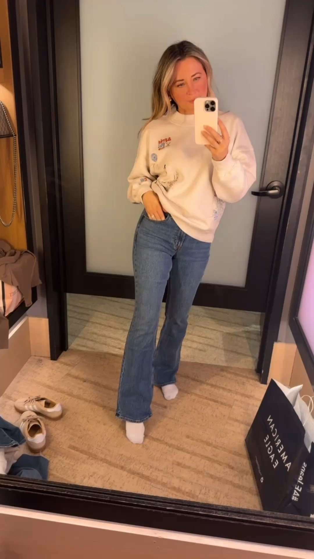 Currently shopping for a ski trip next week! It runs true to size but I’m getting size Large for an oversized look I want. 
Found this sweatshirt with little skiers on it. Perfect for a ski trip! 
Plus the most comfortable jeans ever. New favorites for sure! TTS 
I’m wearing 26 regular 
Body hugging and nice subtle flare at the bottom 
Both items on sale!!! 

#LTKGiftGuide #LTKdayinmylife #LTKgrwm

#LTKootd #LTKFindsUnder100 #LTKSaleAlert