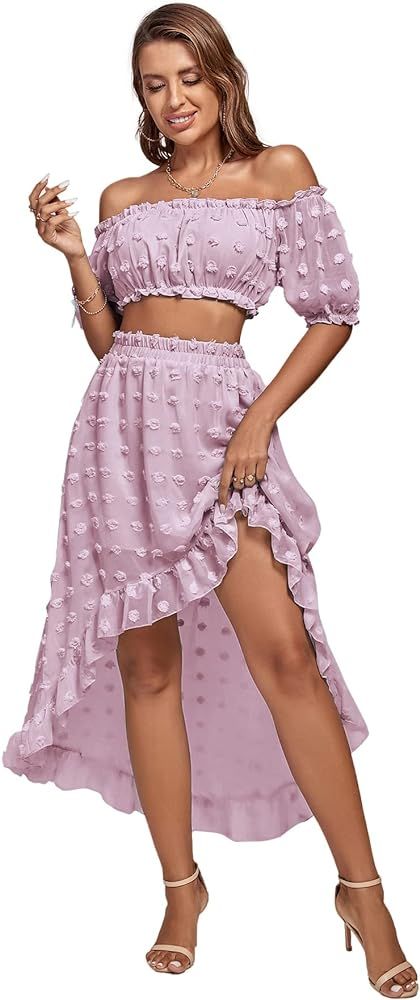 LYANER Women\u2019s 2 Piece Outfit Dress Off Shoulder Crop Top High Waist Ruffle Midi Skirt Set | Amazon (US)
