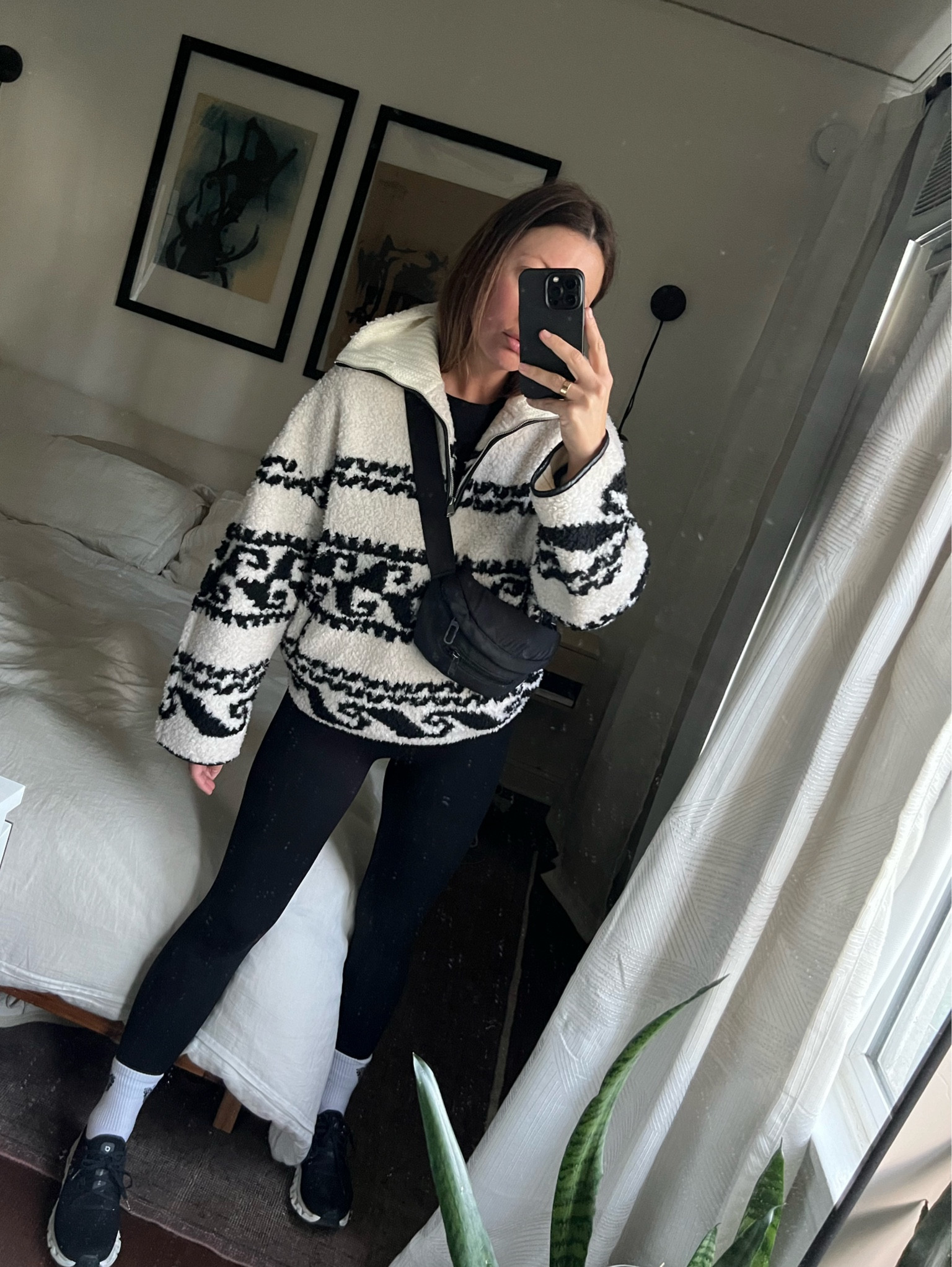 Travel Outfit - Isabel Marant Half Zip Off White Fleece Patterned Jacket + Amazon Leggings + Dagne Dover Fanny Pack Black Neoprene Bum Bag + On Cloud Black Sneakers - Athleisure / Workout Clothes / Airport Outfit

#LTKFindsUnder50 #LTKTravel #LTKFindsUnder100