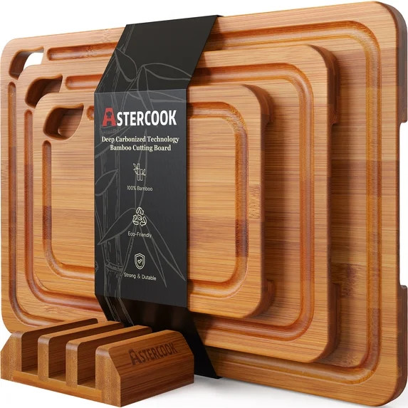 Astercook 4-Pieces Wood Cutting Board, Bamboo Chopping Board for Kitchen with Holder, Cutting Boa... | Walmart (US)