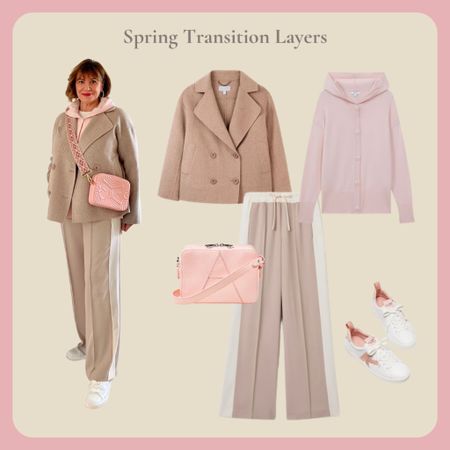 Spring transition layers. Side stripe trousers with pink wool hoodie and short wool jacket. Add a pink cross body bag and trainers.

#LTKover40 #LTKeurope #LTKstyletip