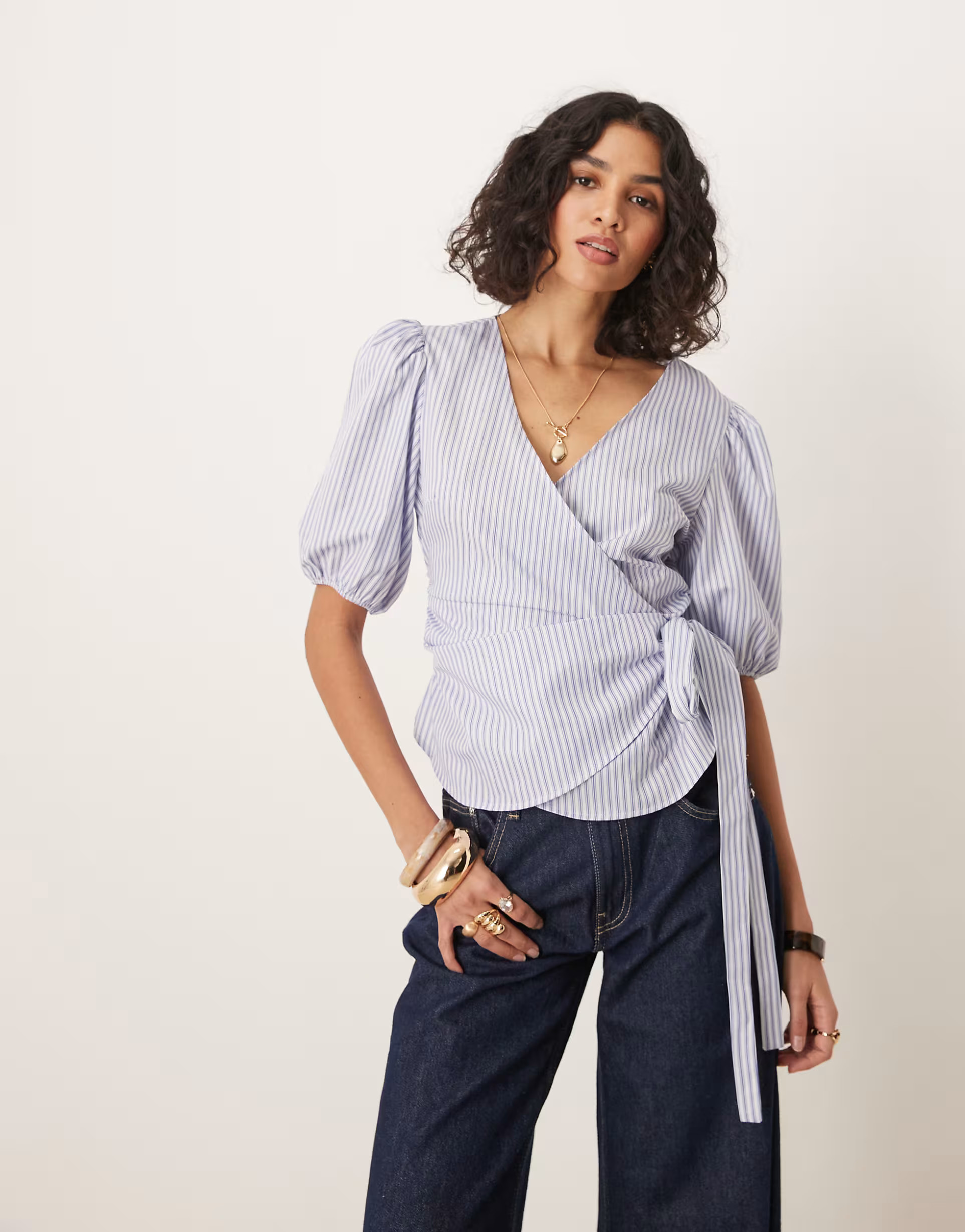ASOS DESIGN cinched wrap top in blue stripe | ASOS (Global)