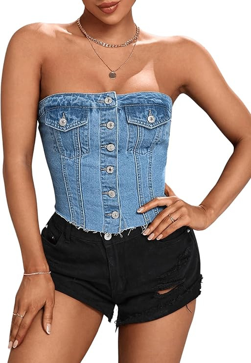 SweatyRocks Women's Button Up Strapless Denim Crop Top Y2k Jean Tube Tops | Amazon (US)