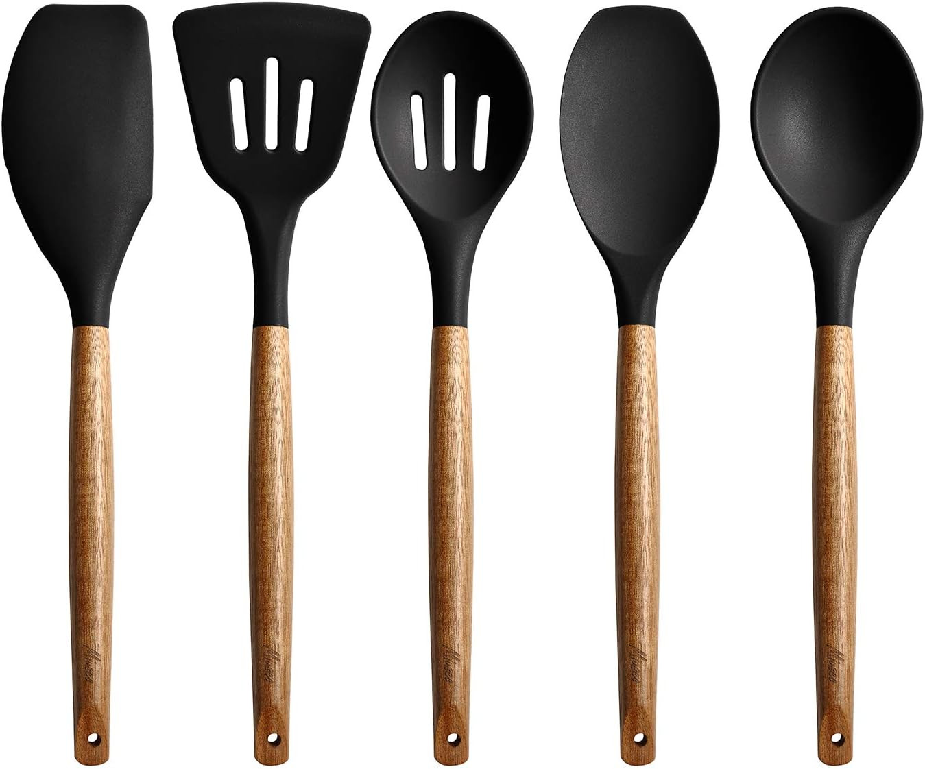 Miusco Non-Stick Silicone Kitchen Utensils Set with Natural Acacia Hard Wood Handle, 5 Piece, Bla... | Amazon (US)