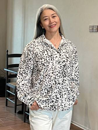 DAZY Leopard Spot Design Casual Loose Turndown Collar Blouse For Women,Fall Clothes | SHEIN