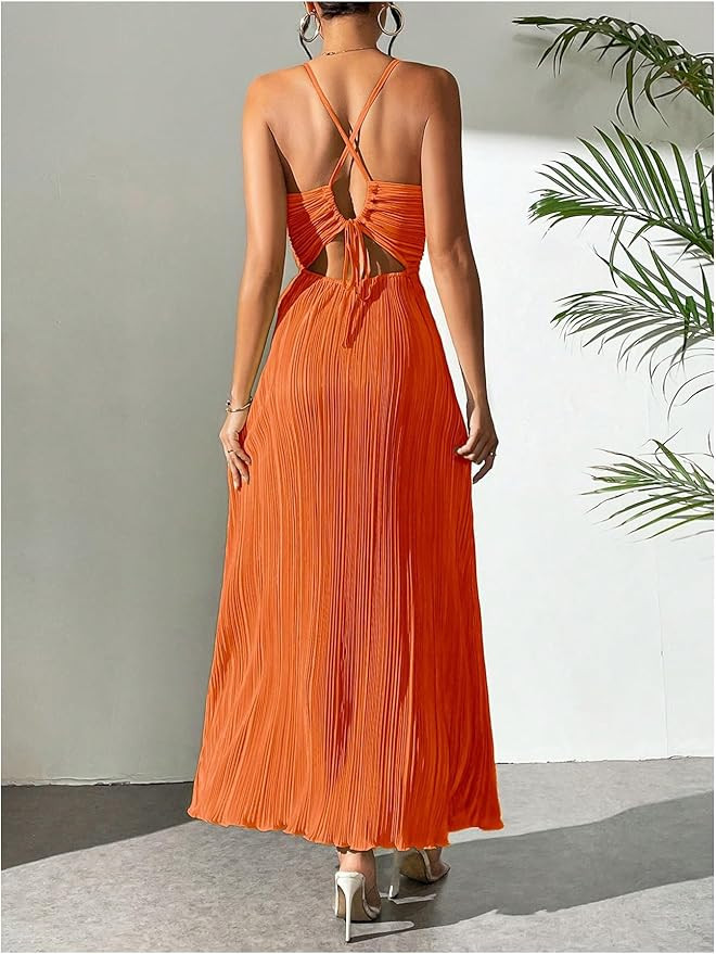 OYOANGLE Women's Summer Textured V Neck Sundress Tie Back Spaghetti Strap Pleated A Line Beach Lo... | Amazon (US)