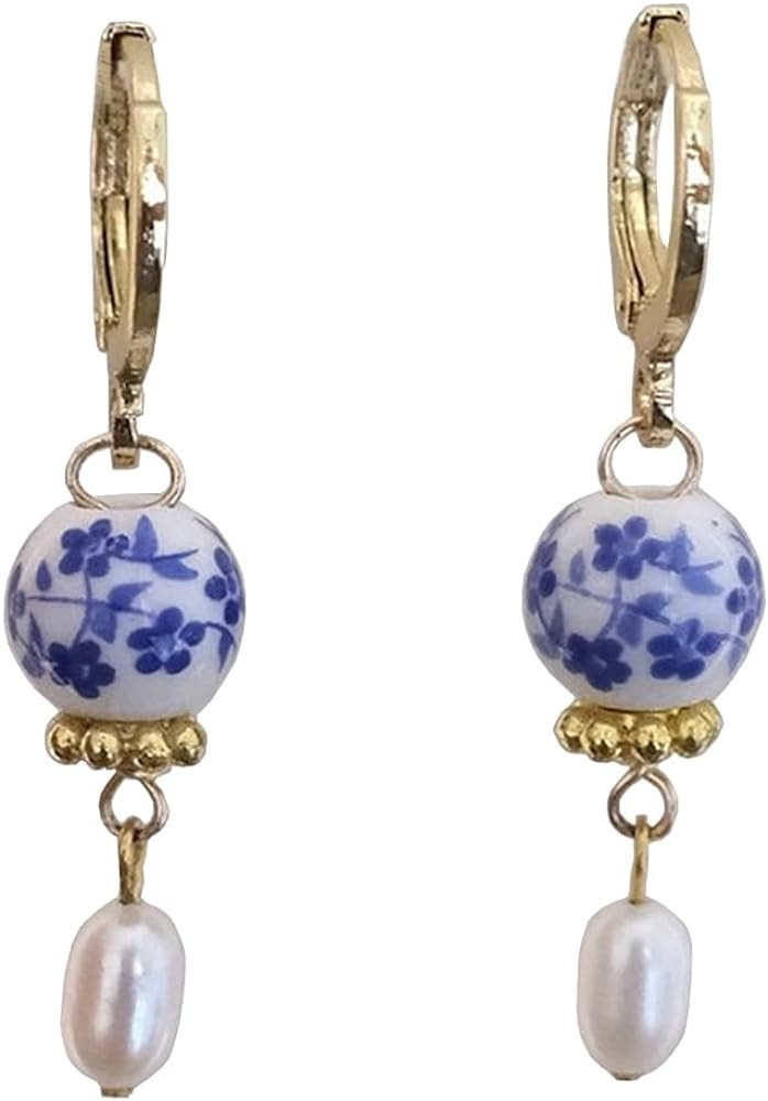 Blue Porcelain Genuine Freshwater Pearl Gold Huggie Earrings Blue White Floral Porcelain Pearl Ea... | Amazon (US)