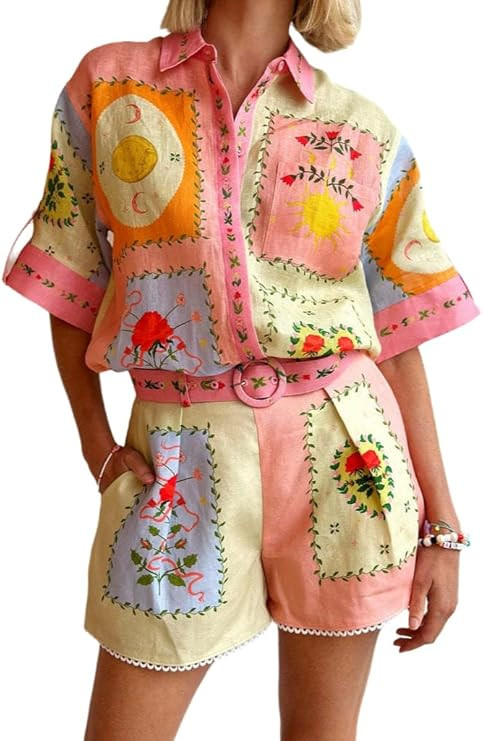 Wuitrie Two Piece Short Set for Women Casual Short Sleeve Collar Button Shirts Elastic Waist Shor... | Amazon (US)