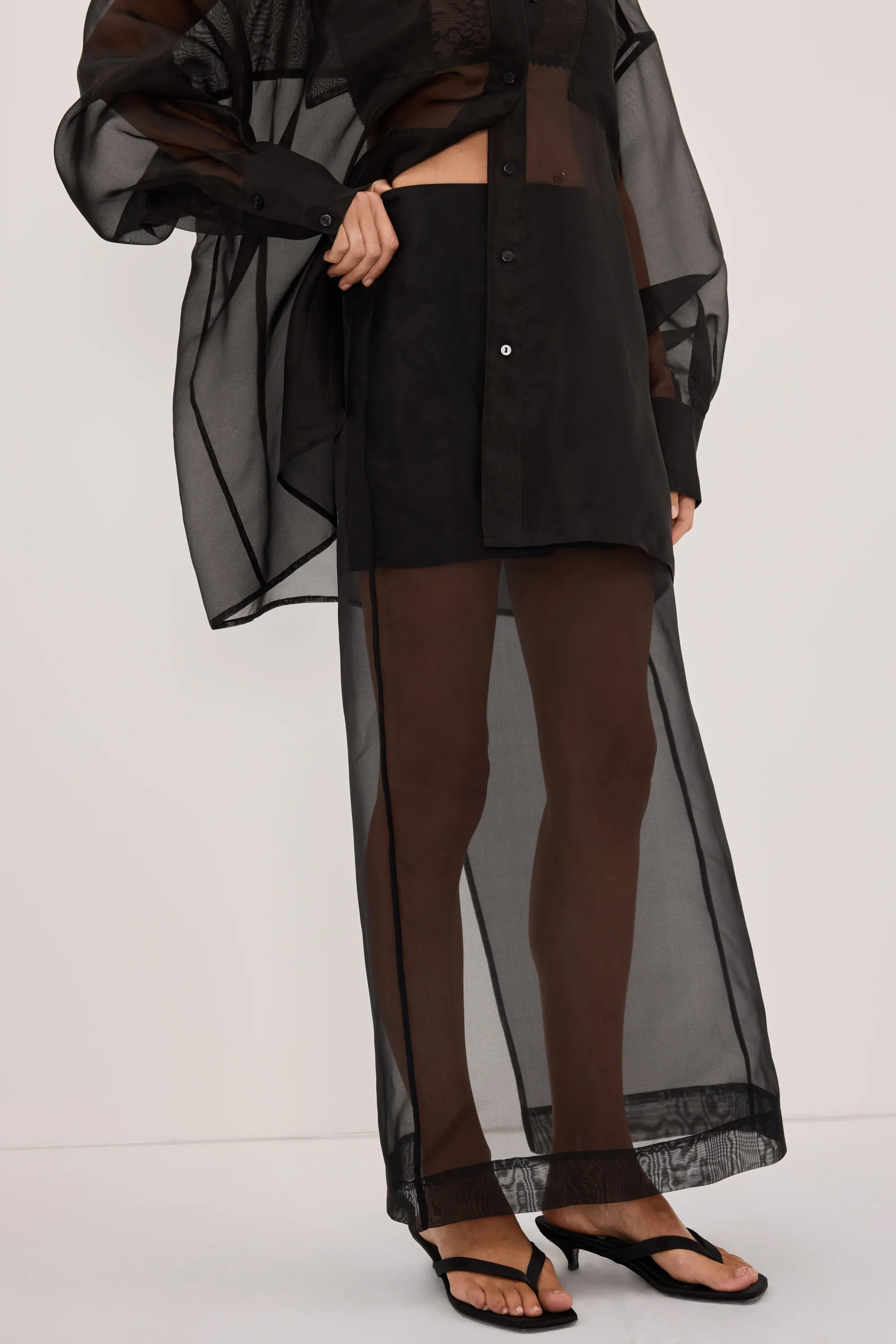 SIAN BLACK SILK ORGANZA MIDI SKIRT | DISSH