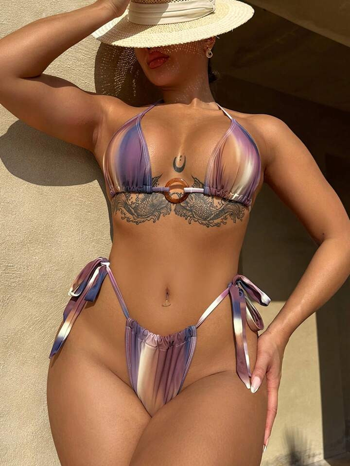 SHEIN Swim Women's Tie Dye Halter High Cut Bikini Set Summer Beach | SHEIN