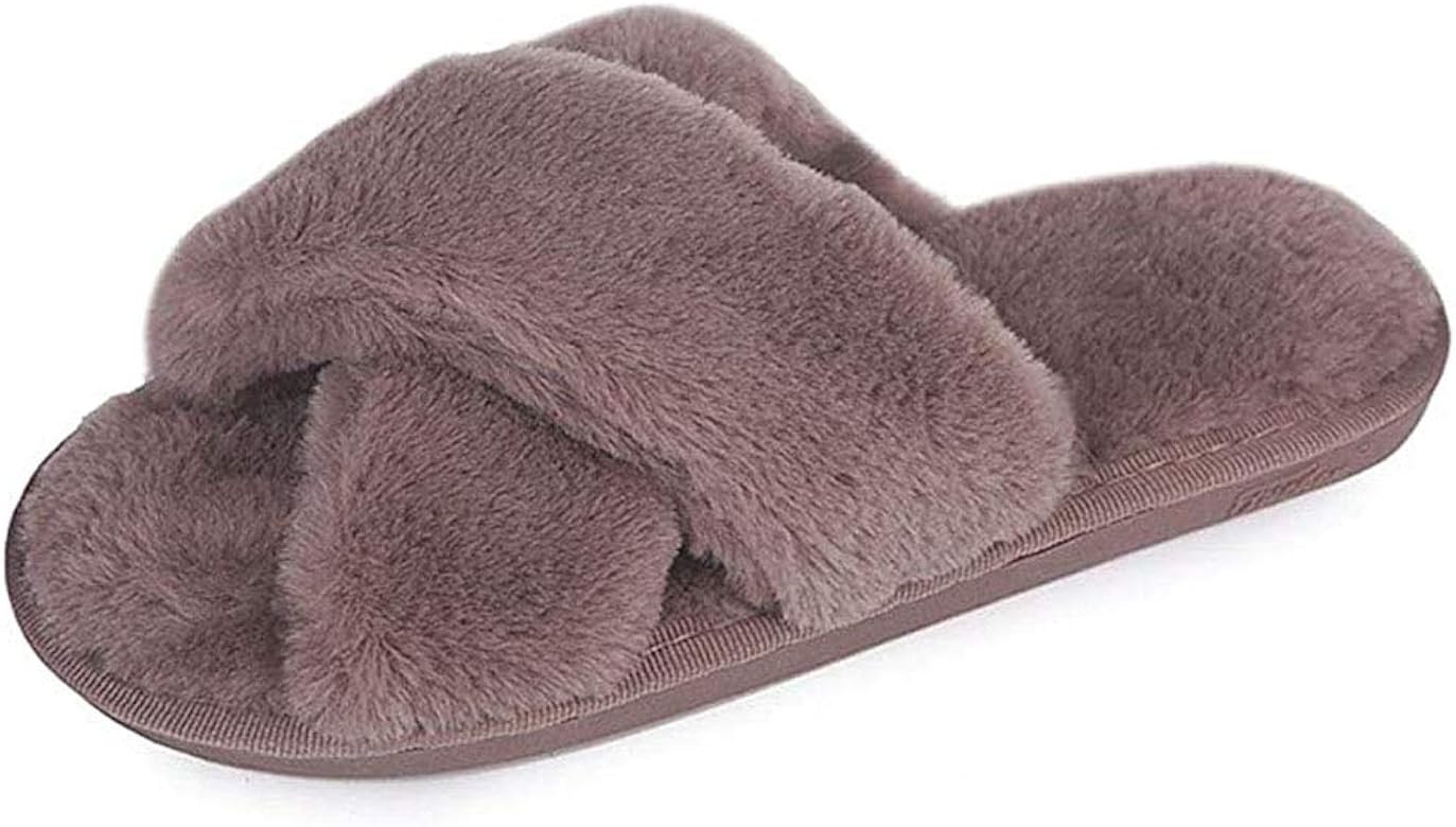 HUMIWA Womens Faux Fur Slippers Warm Fussy Flip Flop House Slippers Open Toe Home Slippers for Girls | Amazon (US)