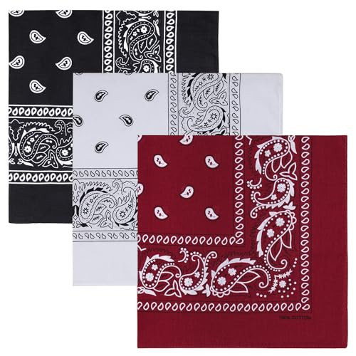 Raylarnia 100% Cotton Large Bandanas for Men and Women, 22 Inch Paisley Bandana with Multiple Colors (Black/White/Burgundy) | Amazon (US)