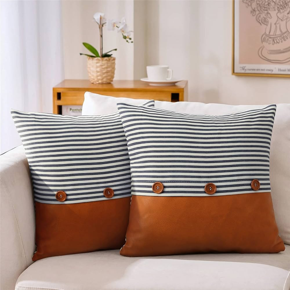 cygnus Set of 2 Farmhouse Throw Pillow Covers 18x18,Modern Navy Stripe Stitching Faux Leather Pil... | Amazon (US)