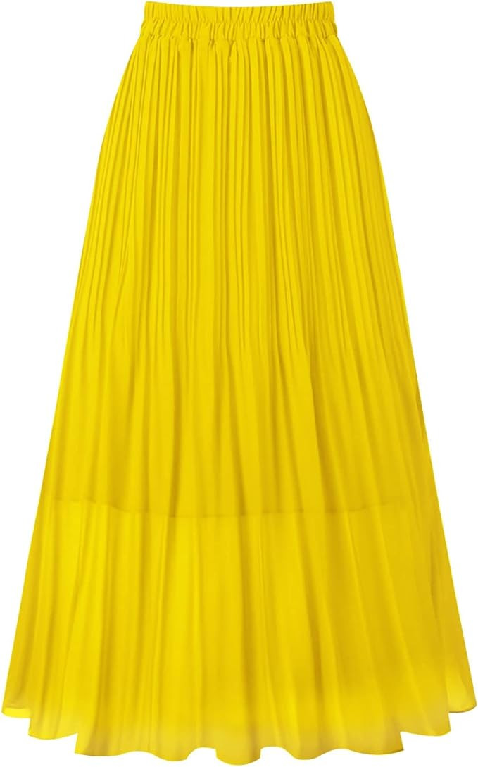 Kingfancy Women's Pleated Skirt Chiffon Elastic Waist A-Line Midi Length Skirt | Amazon (US)