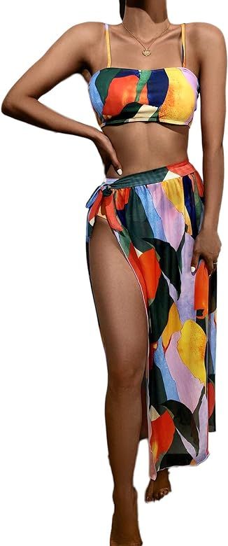 SheIn Women's 3 Pieces Graphic Bikini Swimsuit and Swimwear Cover Up Beach Skirt | Amazon (US)