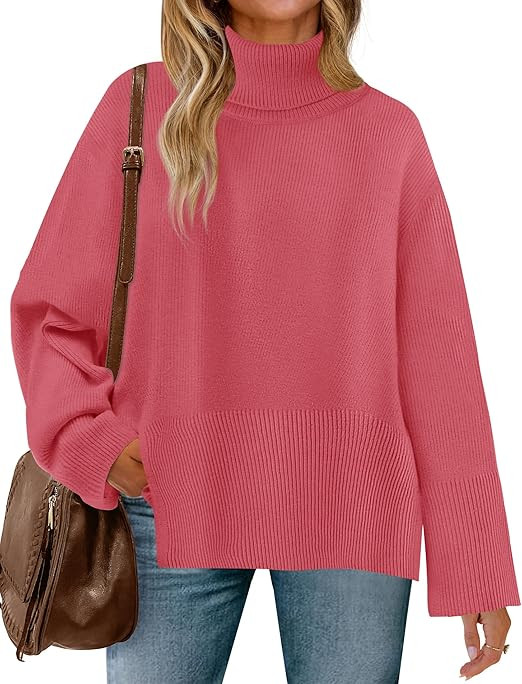 ZESICA Women's 2023 Fall Sweaters Turtleneck Long Sleeve Oversized Split Hem Knitted Tunic Pullov... | Amazon (US)