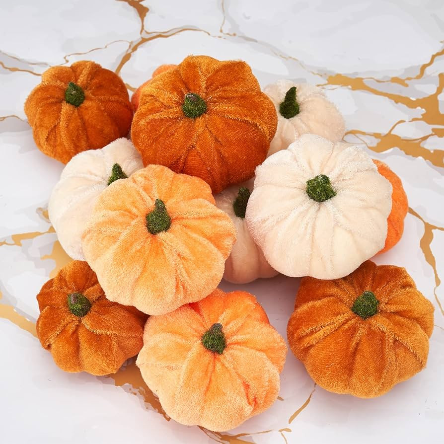 Osfvn Pumpkin Decor Set of 12 Artificial Fake Faux Velvet Foam Fabric Pumpkins Decoration Fall Ho... | Amazon (US)
