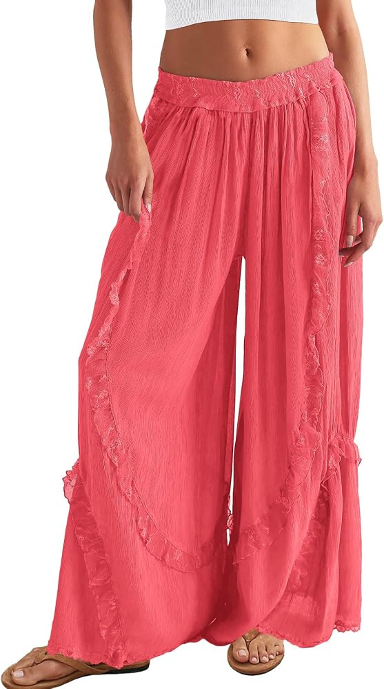 Yanekop Womens Flowy Lace Pants Wide Leg Palazzo Pants | Amazon (US)