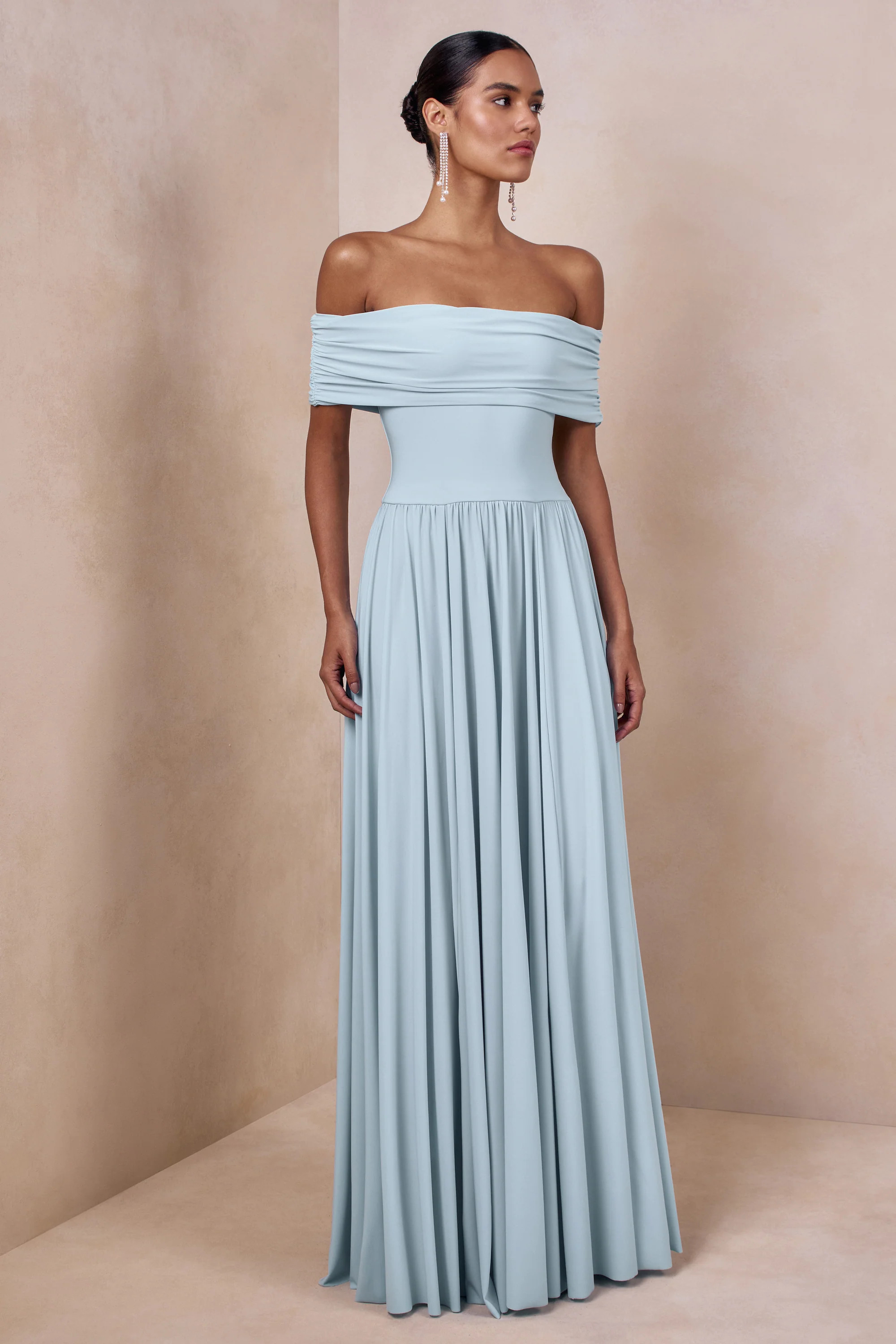 Cindie | Powder Blue Bardot-Neck Maxi Dress | Club L London