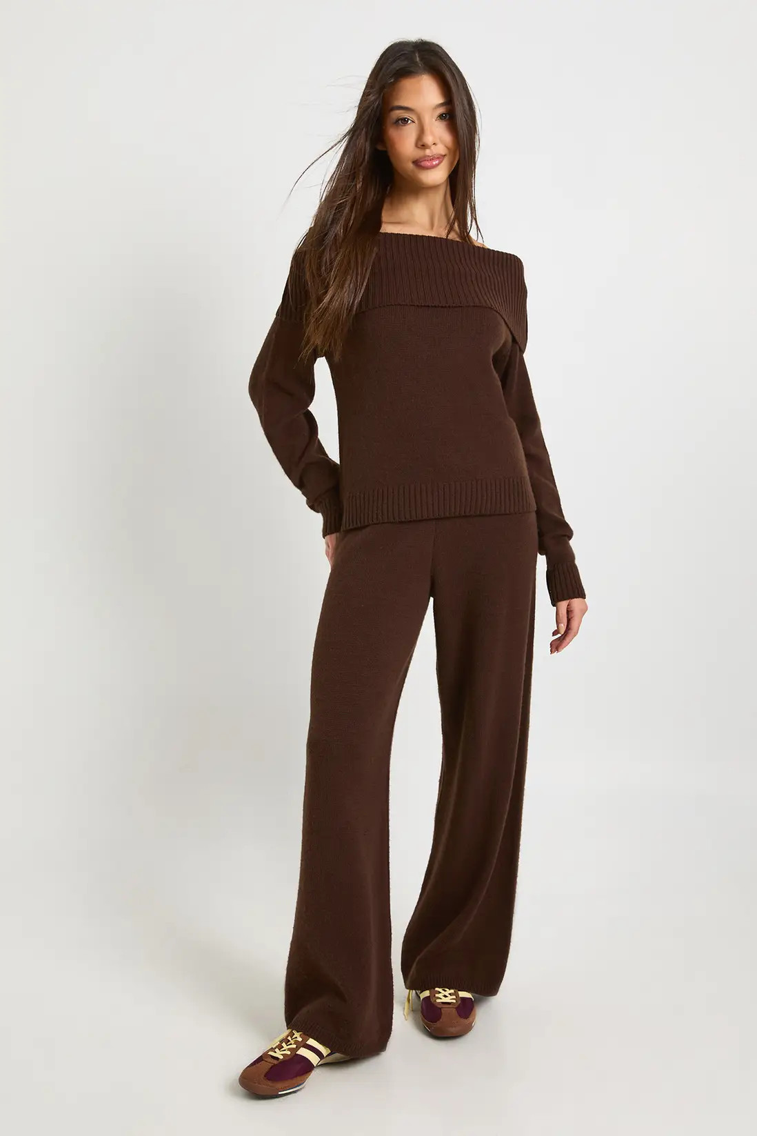 Chunky Knitted Bardot Jumper and Straight Leg Trouser Co-Ord | Boohoo.com (UK & IE)