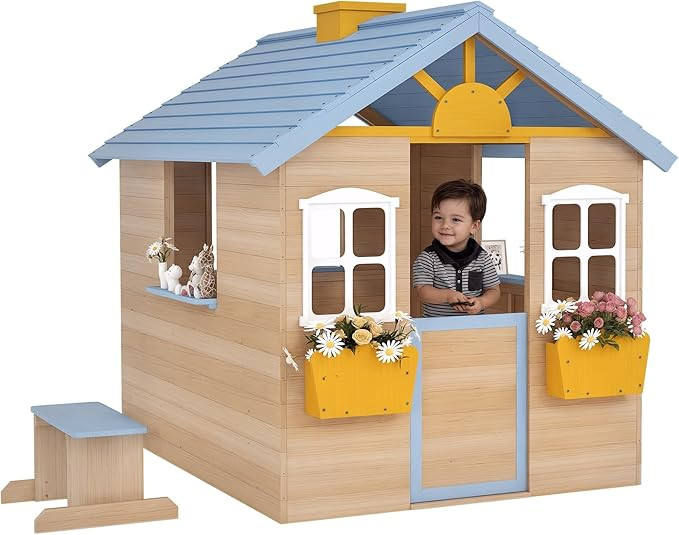 Amazon.com: Outsunny Wooden Playhouse for Kids Outdoor Garden Pretend Play Games, Adventures Cott... | Amazon (US)