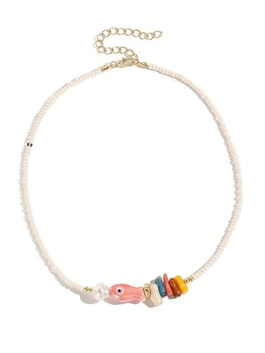 Shell Starfish Fish Toggle Charm Necklace Stack Boho Colorful Pearl Beaded Necklace Summer Coastal Beachy Beach Hawaiian Choker for Women Men (Fish) | Amazon (US)
