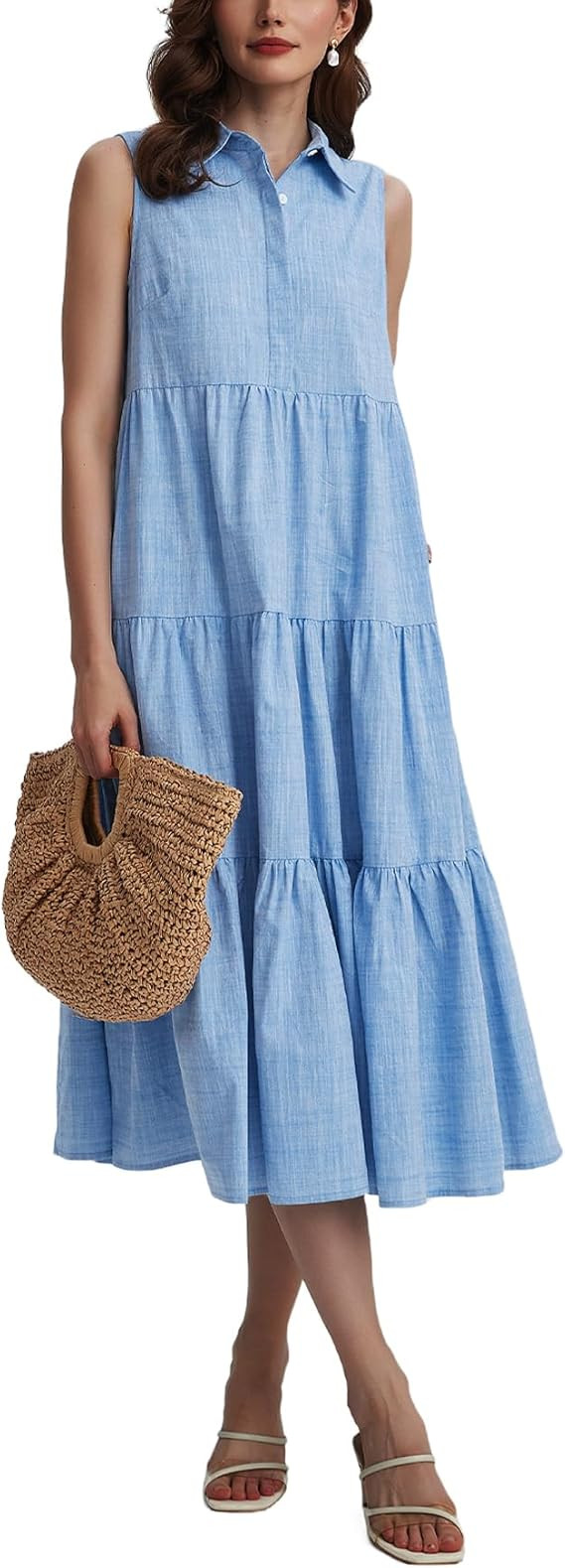 Womens Summer Button Down Maxi Shirt Dress Sleeveless Collared V Neck Tiered Flowy Midi Dress | Amazon (US)