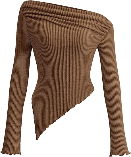 PRETTYGARDEN Women's Spring Long Sleeve Y2K Crop Top Trendy Off Shoulder Asymmetrical Fitted Knit... | Amazon (US)