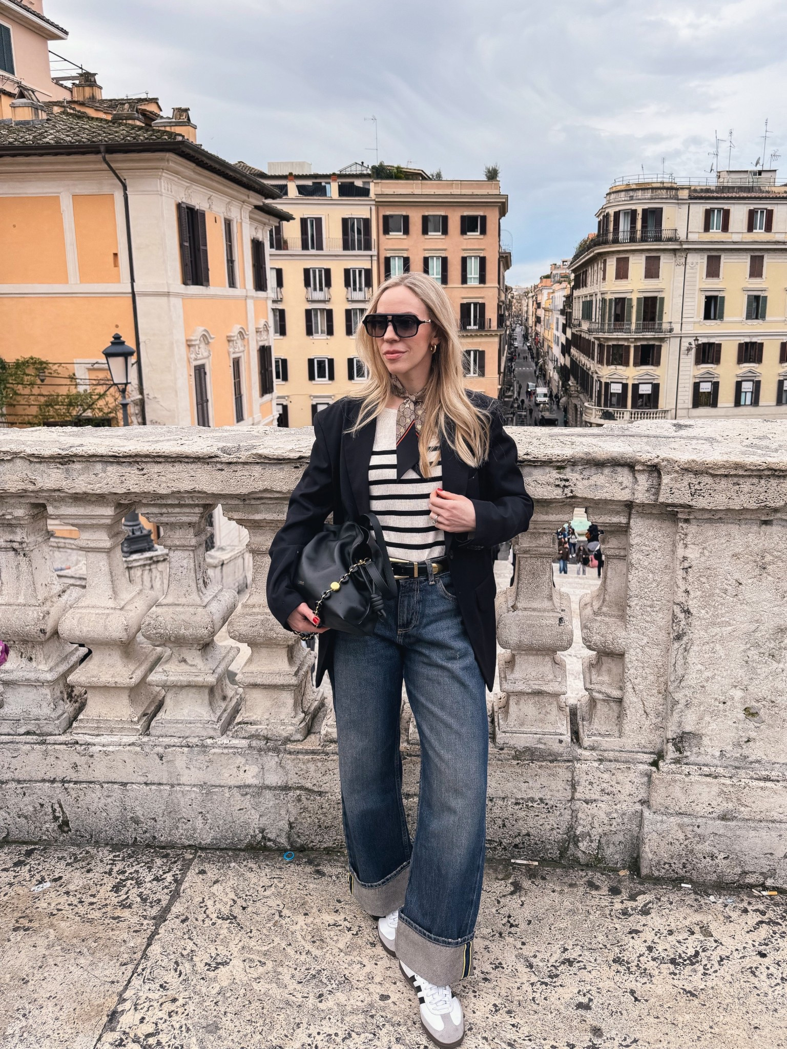Spring break outfit, European vacation, spring outfit, oversized black blazer, striped sweater, Gucci silk scarf, @Zara cuffed baggy jeans, Adidas Samba sneakers 

#LTKOver40 #LTKSaleAlert #LTKTravel
