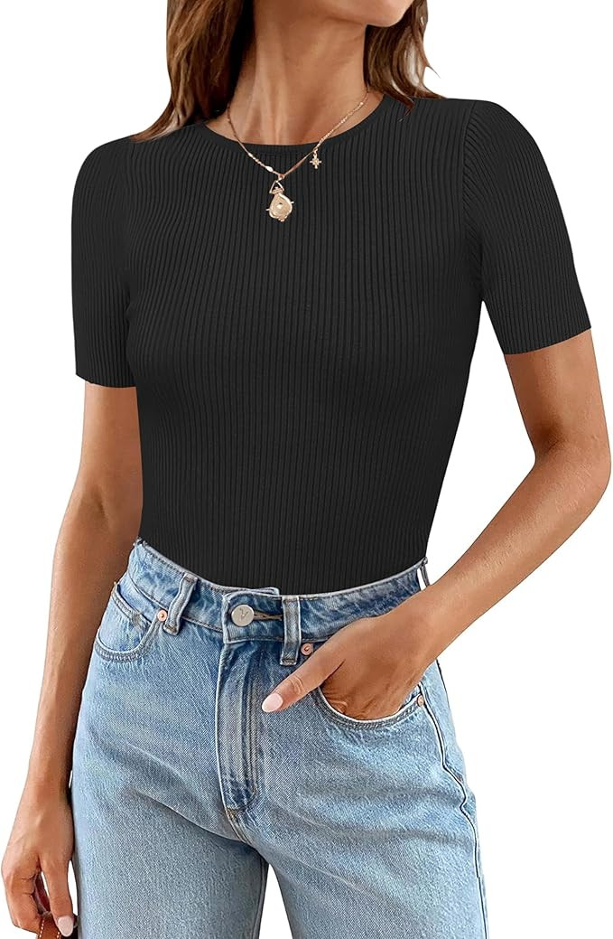 MEROKEETY Women's Short Sleeve Crewneck Bodysuits Summer Ribbed Knit Tops Slim Fit Body Suit | Amazon (US)