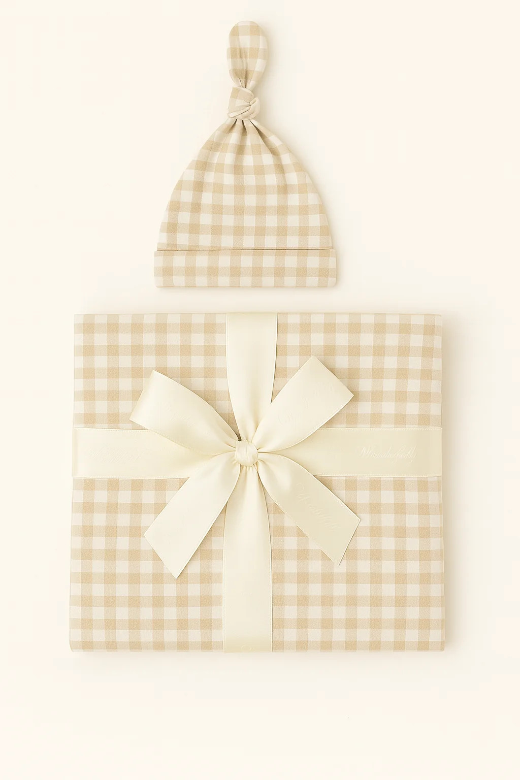 Bamboo Baby Swaddle Blanket & Hat Set in Tan Gingham | waverles