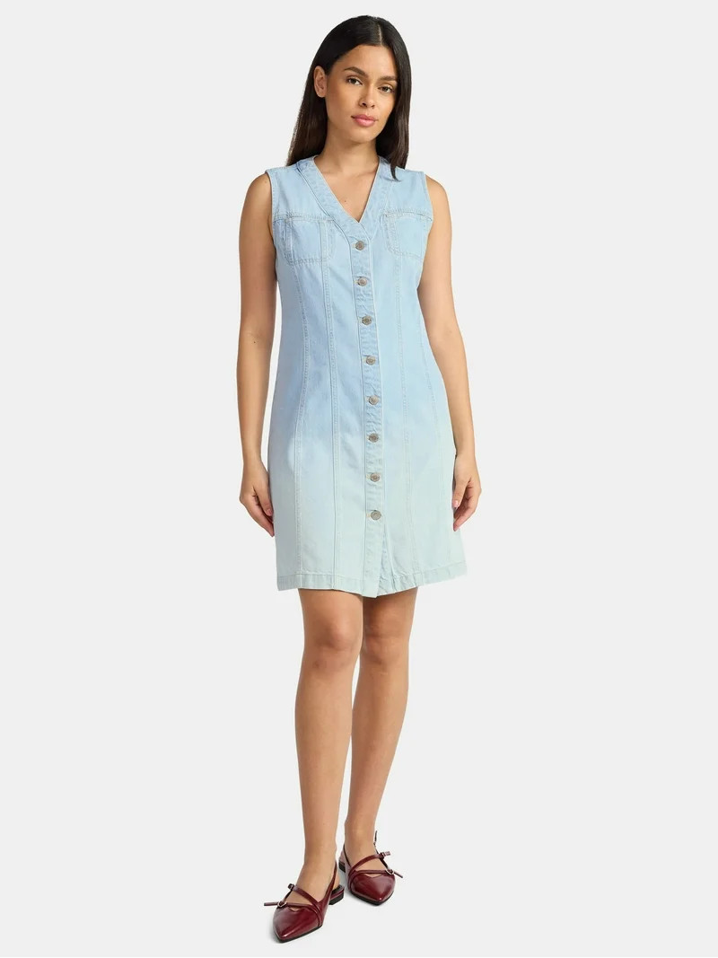 Time and Tru Women's Denim Button Front Mini Dress, Sizes XS-XXXL | Walmart (US)