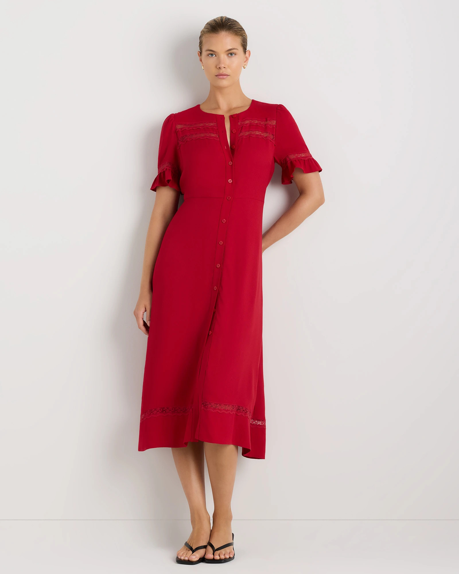 Quince | Women's Lightweight Crepe Lace Inset Midi Dress in True Black, Size XL, Viscose | Quince