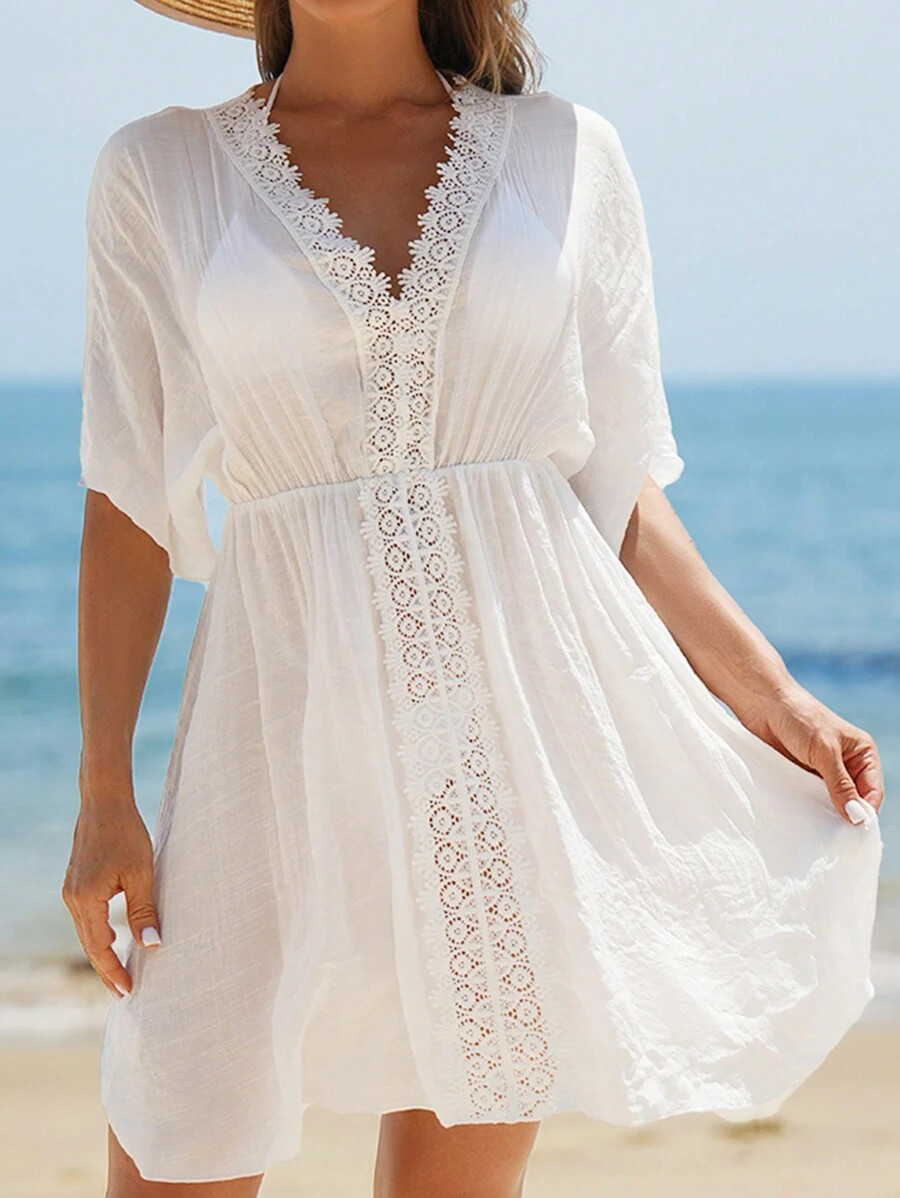 Swim Vcay Women's V-Neck Lace Splice Solid Color Beach Cover-Up Dress Summer | SHEIN