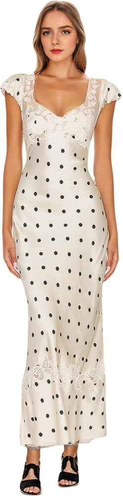 FUNTOUR Women Polka Dot Dress Summer Boho Dresses for Women Sexy Lace Patchwork A-Line Maxi Dress... | Amazon (US)