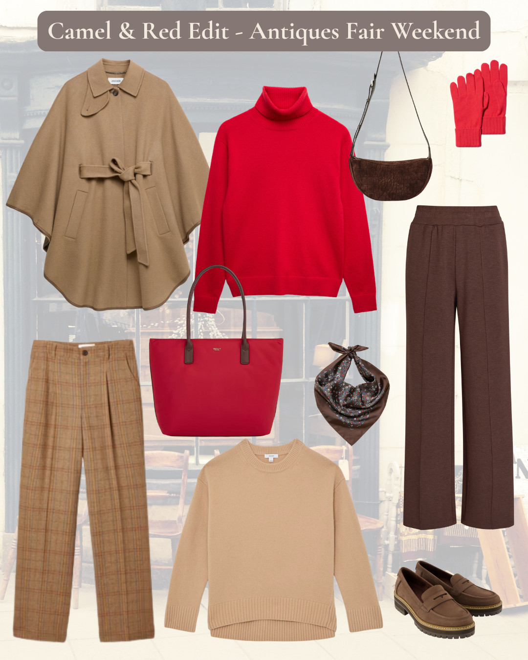 Camel, red, chocolate edit for Antiques Fair Weekend: Styling for Treasure Hunting.
Camel cape, heritage tweed trousers, red knit and accessories, chocolate brown trousers, bag and chunky loafers 

 #LTKuk #LTKover50style #LTKstyletip