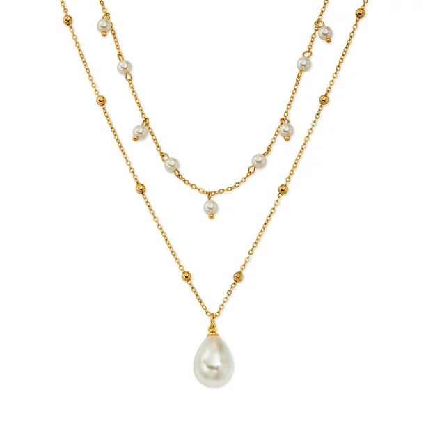 Scoop Brass Yellow Gold-Plated Imitation Pearl Layered Necklace, 15.5" + 3" Extender | Walmart (US)