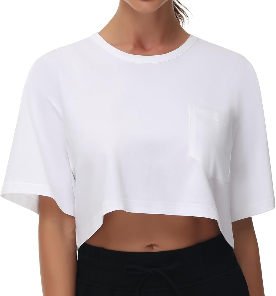 THE GYM PEOPLE Women's Workout Crop Tops Short Sleeve Boxy Oversized T-Shirts with Pockets | Amazon (US)