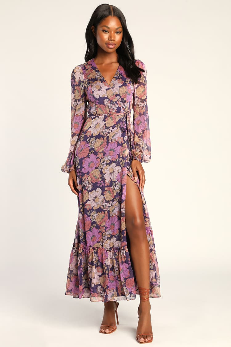 Feeling Sweet Purple Floral Print Long Sleeve Wrap Maxi Dress | Lulus