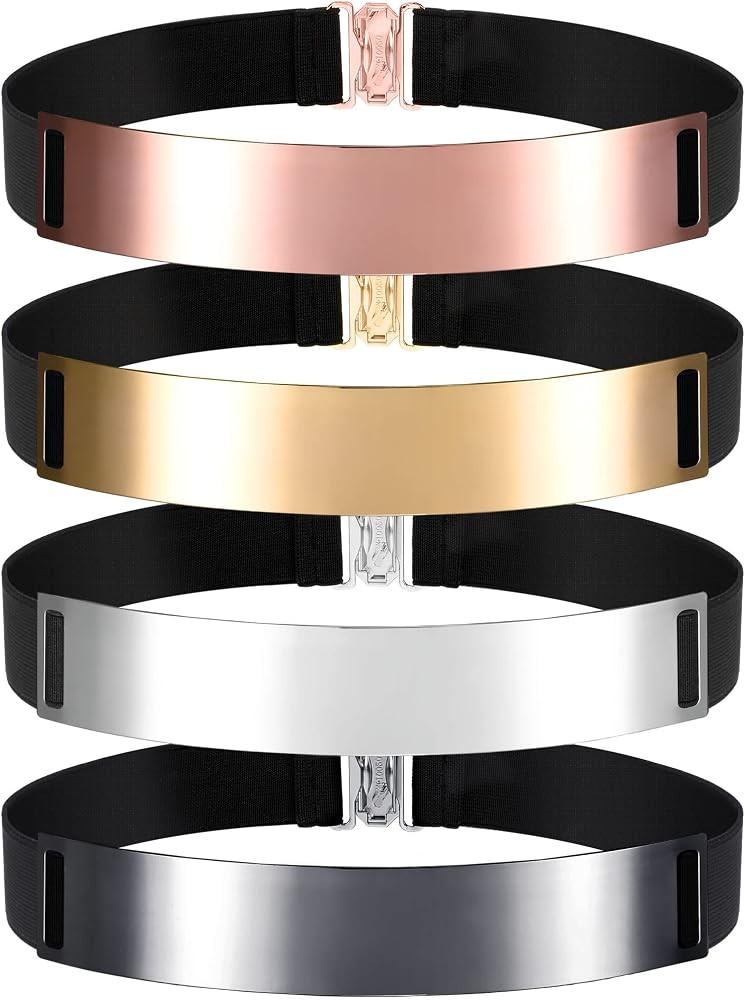 Handepo 4 Pcs Women Mirror Waist Belt Metal Stretch Dress Belts Plated Obi Band Waistband Elastic... | Amazon (US)