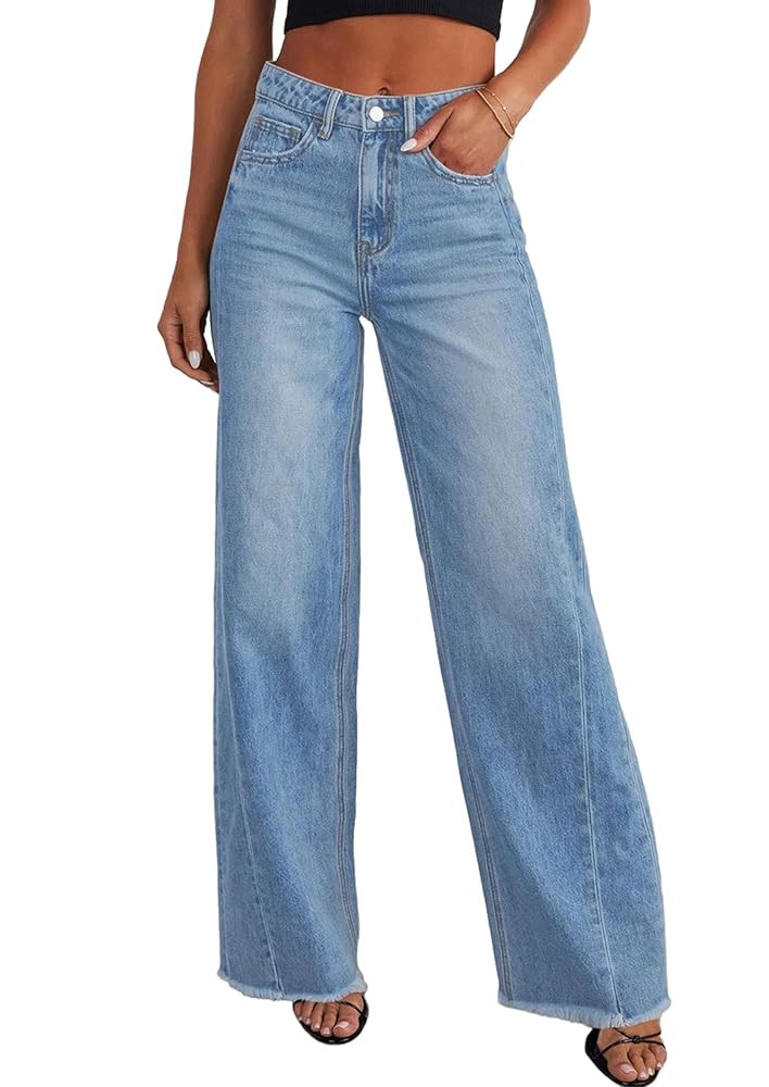 PRETTYGARDEN Wide Leg Jeans for Women Trendy 2025 High Waisted Stretchy Baggy Raw Hem Denim Palaz... | Amazon (US)