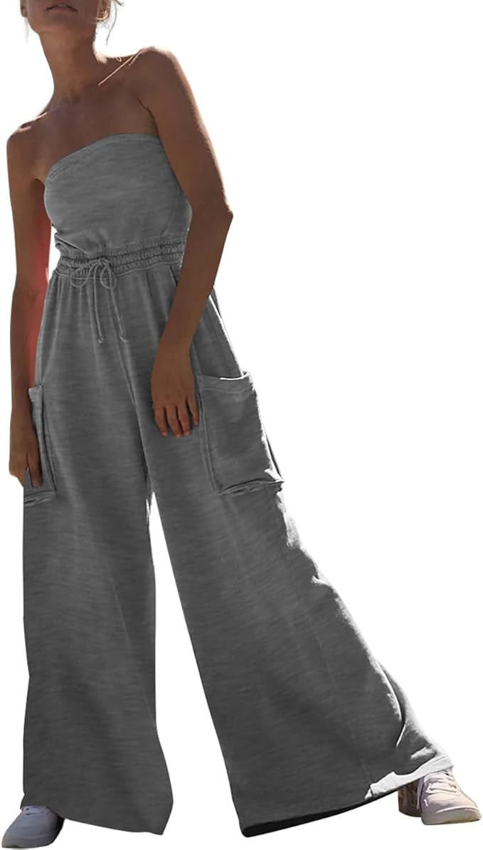 Feager Women's Oversized Strapless Off Shoulder Tube Top Jumpsuits Casual Wide Leg Long Pants Jum... | Amazon (US)