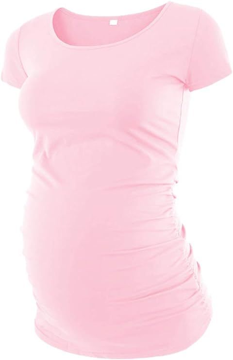 Love2Mi Womens Mama Maternity Tunic Tops Side Ruched T-Shirt Short Sleeve Fitted Pregnancy Clothe... | Amazon (US)