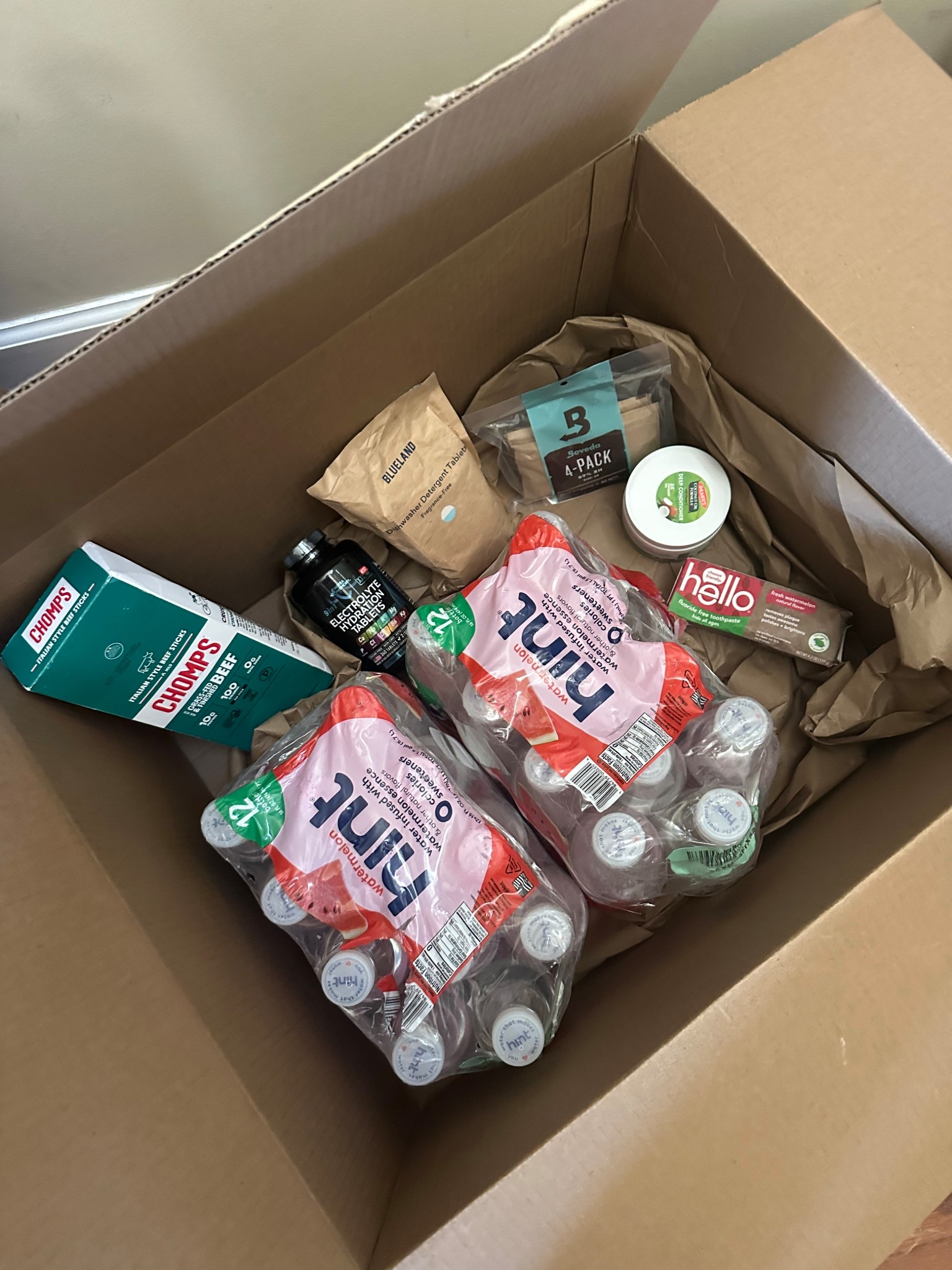 Our monthly Amazon subscribe and save arrived and I figured I would share there is nothing super exciting but these are the things that I love so much but I want them to be delivered without me having to even think about them
My kids love, chomps, and hint, watermelon flavored water to take to school 
Eric uses humidifier packs for his cigars and electrolyte pills every day 
I’ve been loving these dishwasher pods because they are plastic free and we’re trying to reduce our micro plastics, which is the most basic annoying thing ever to say 
I swear by Palmer deep conditioner for Reagan’s hair it’s amazing 
The kids toothpaste arrives every month like clockwork, so we always have some ready to go 
And the only thing not shown here in this month subscribe and save is dog food, which is such a lifesaver to have delivered to the front door 


#LTKHome #LTKFamily #LTKPets