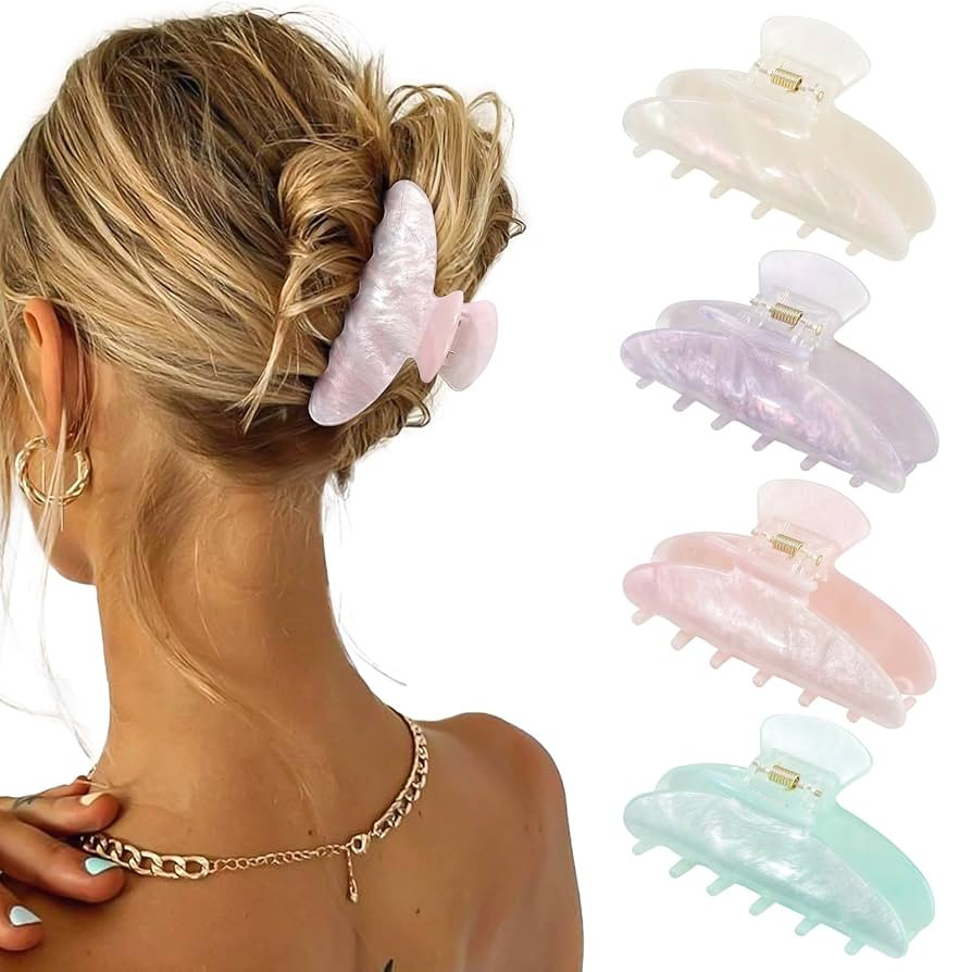 4Pcs Large Hair Claw Clips - Acrylic Big Hair Clips for Thick Hair Strong Hold Hair Jaw Clips Non... | Amazon (US)