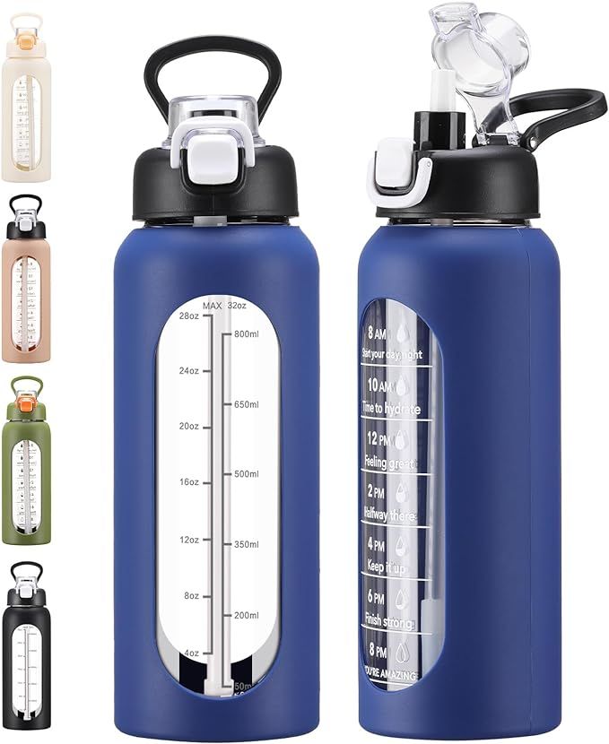 32 oz Glass Water Bolttles with Straw Large Motivational Water Bottle with Time Marker Sports Wat... | Amazon (US)