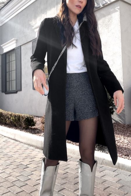 Black coat outfit with silver boots and cute shorts 🤍

Black coat
Gray shorts
Silver boots
Winter outfit
Silver bag
Silver cowboy boots
Cowboy boots
Shorts and tights outfit 

#LTKunder100 #LTKstyletip #LTKunder50