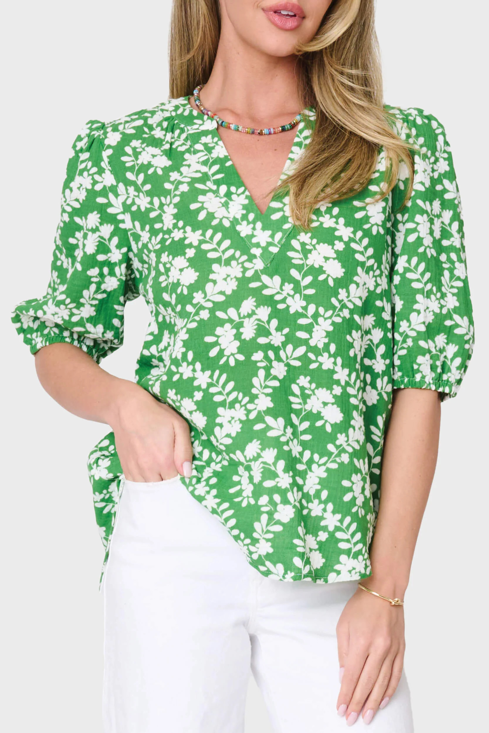 Meadow Puff Sleeve V-Neck Gauze Top | Gibsonlook